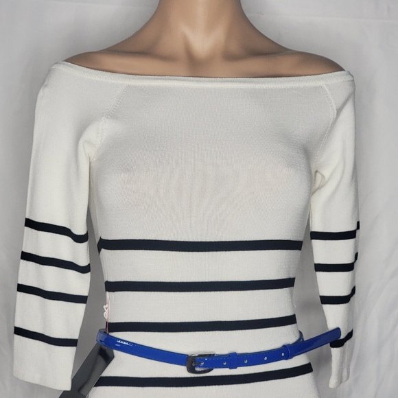 bebe Striped Off Shoulder 3/4 Sleeve Bodycon Mini Dress Size M - Picture 3 of 6